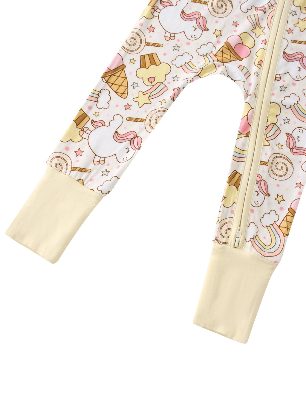 Baby romper pant legs with rainbow snacks print and cream cuffs