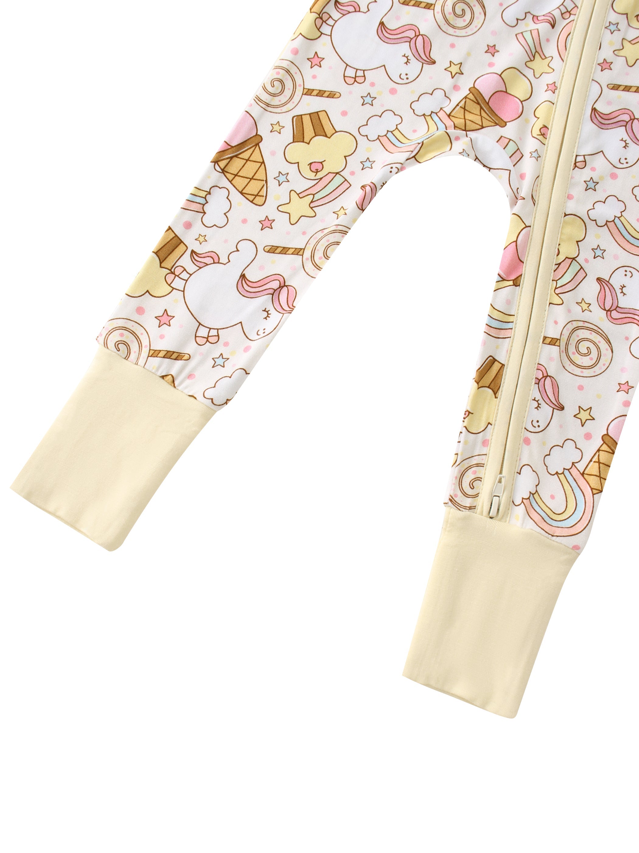 Baby romper pant legs with rainbow snacks print and cream cuffs