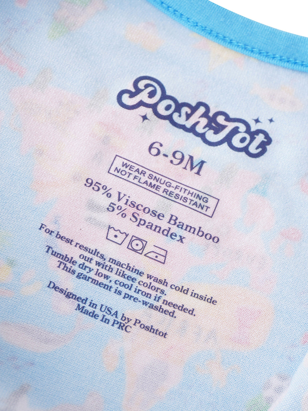 PoshTOT baby romper size and care label: 6-9M viscose bamboo blend