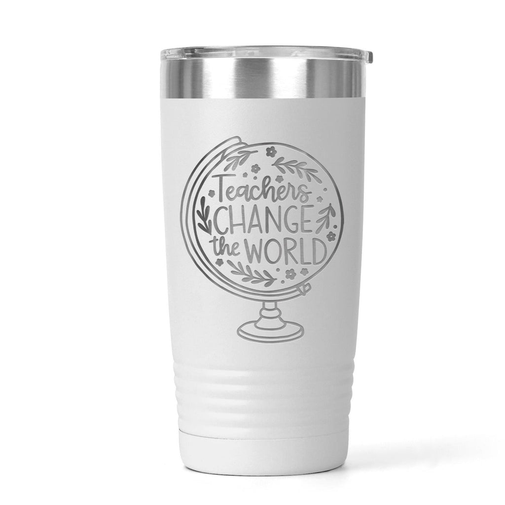 White insulated travel tumbler with stainless lid and Teachers Change the World logo