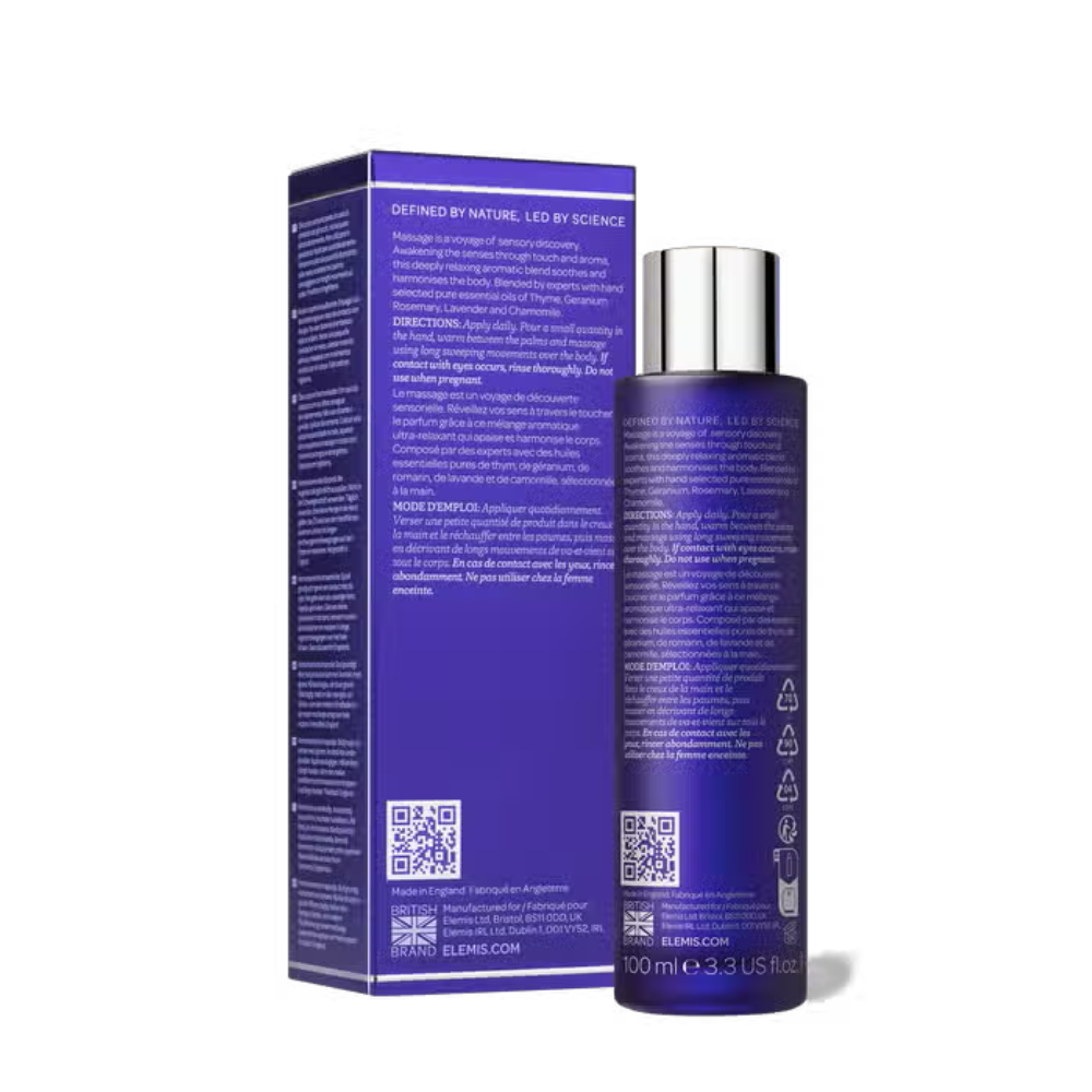 Elemis de-stress massage oil bottle and back box, silver cap on purple bottle, 100 ml