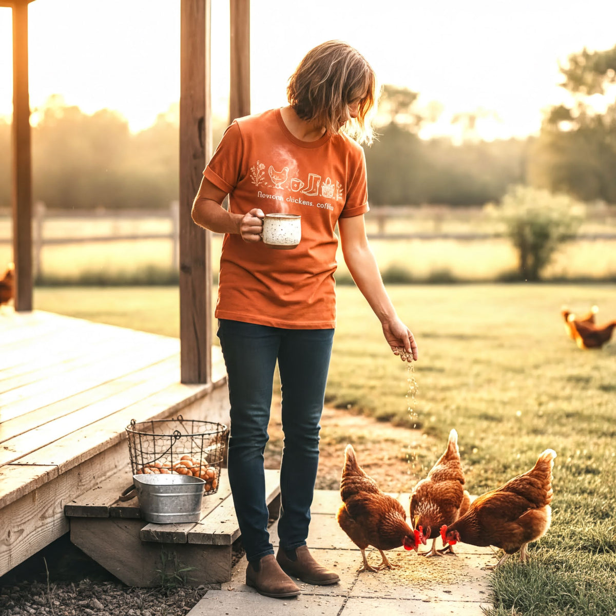 Orange unisex t-shirt with chicken, coffee, and flowers graphic worn by child