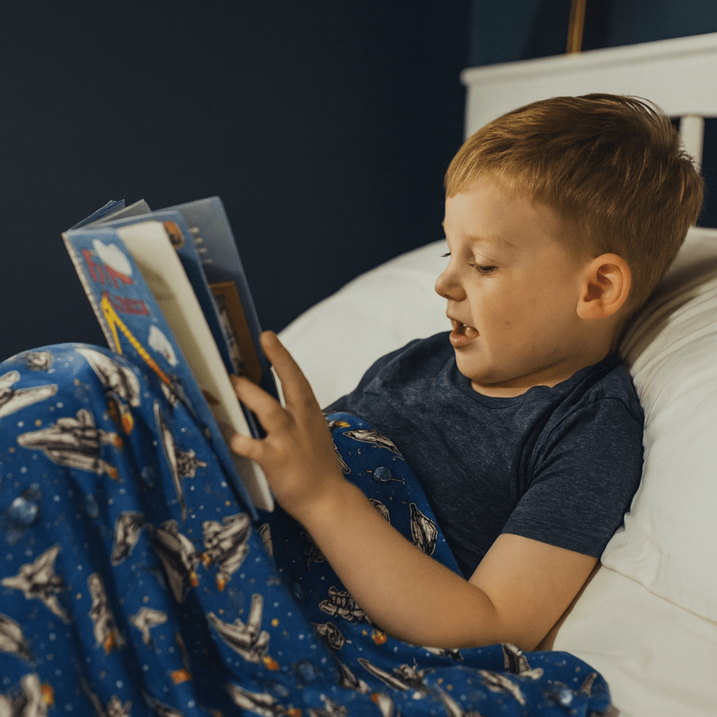 Blue kid cloud blanket with space rocket pattern beside a boy on a bed