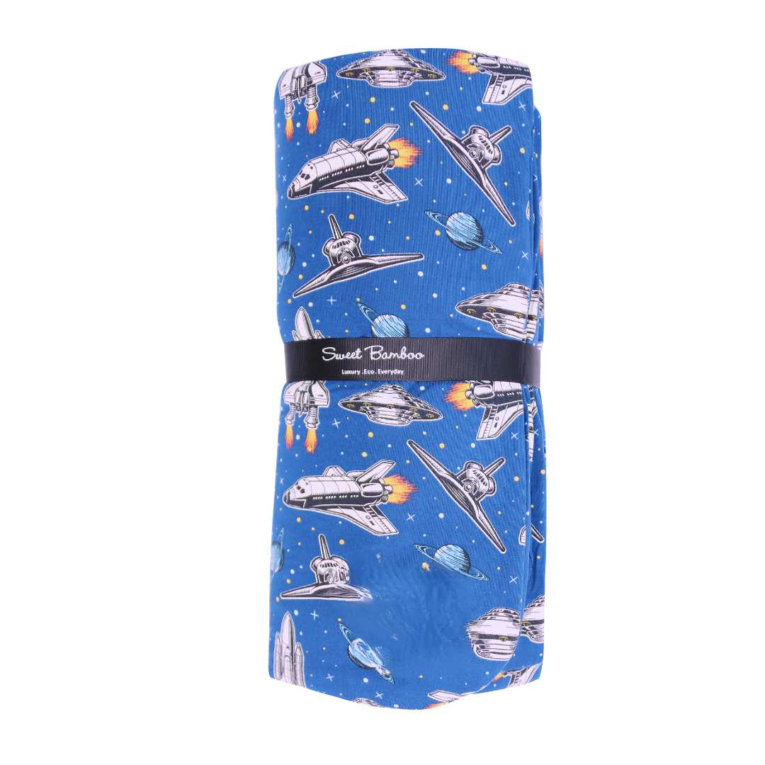 Blue kid cloud blanket with space rocket and planet pattern, Sweet Bamboo