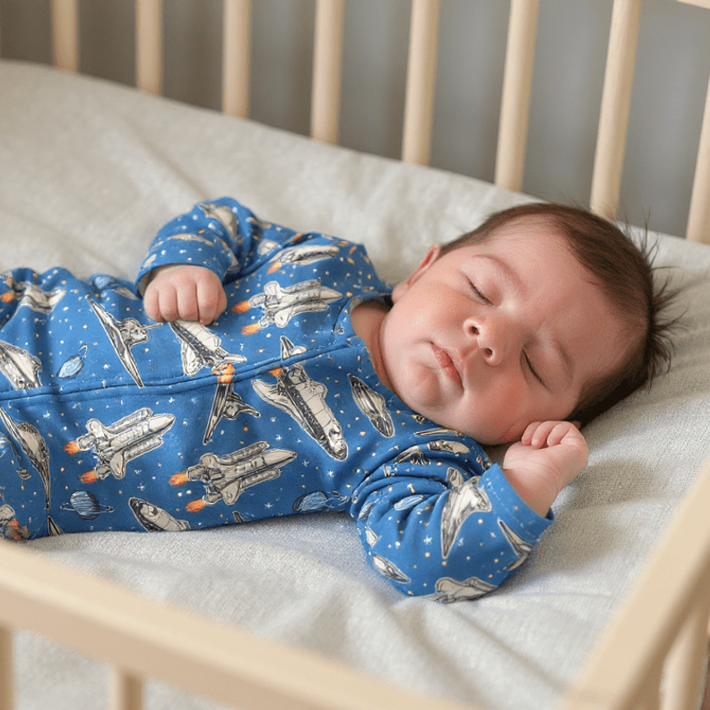 Blue space-print convertible romper, long sleeve all-in-one with legs