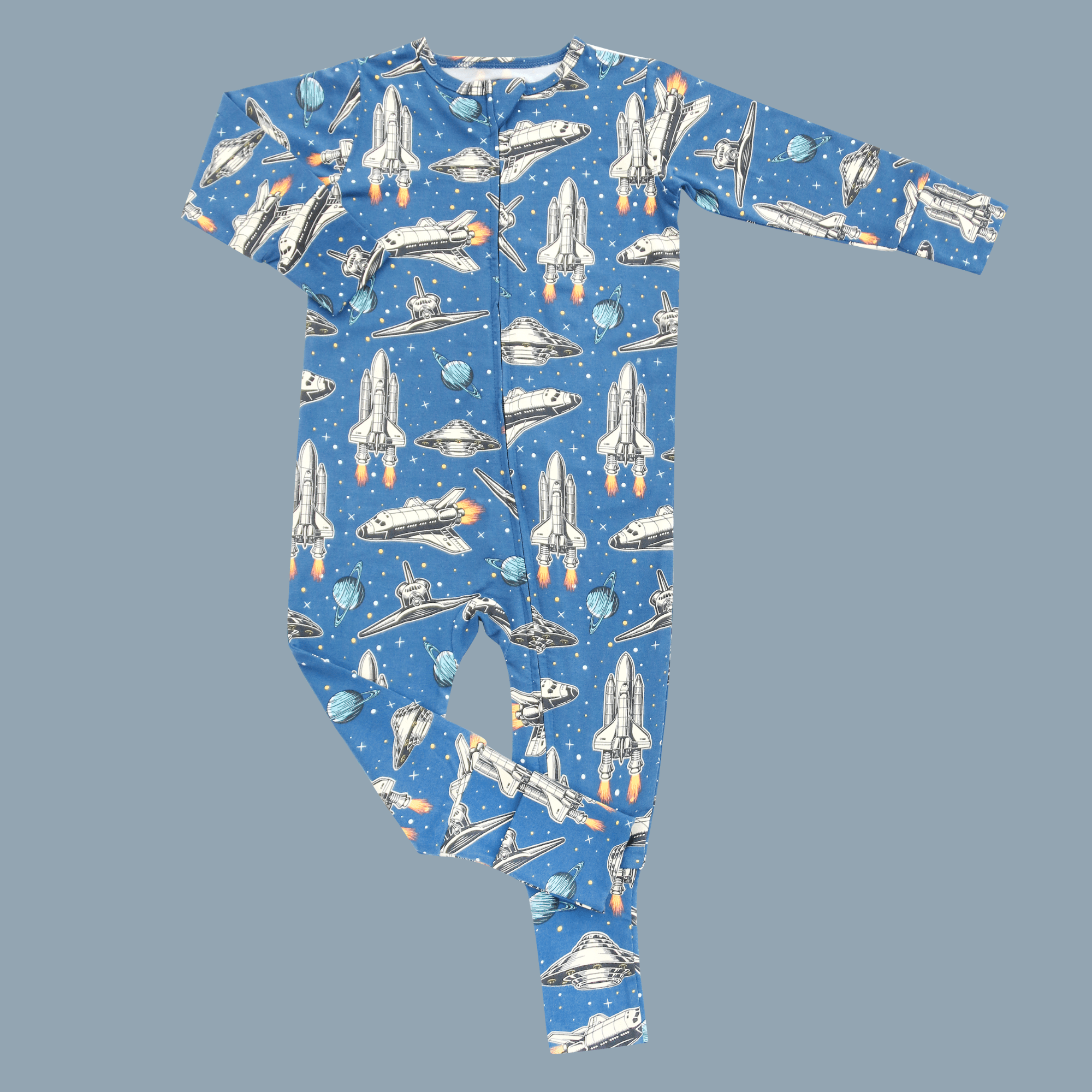 Blue rocket-pattern convertible romper, long sleeves with front snaps