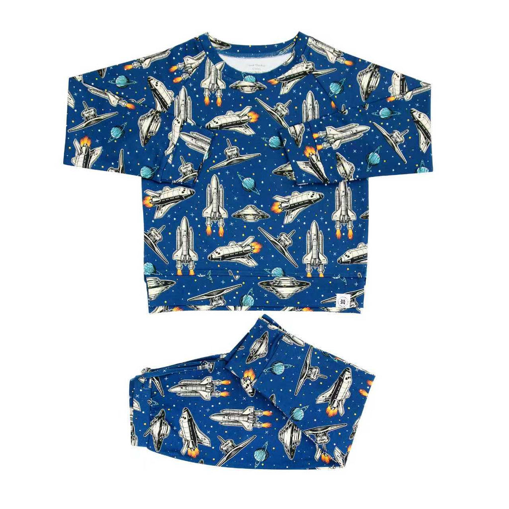 Space-rocket printed crew neck top and matching jogger pants set, deep blue