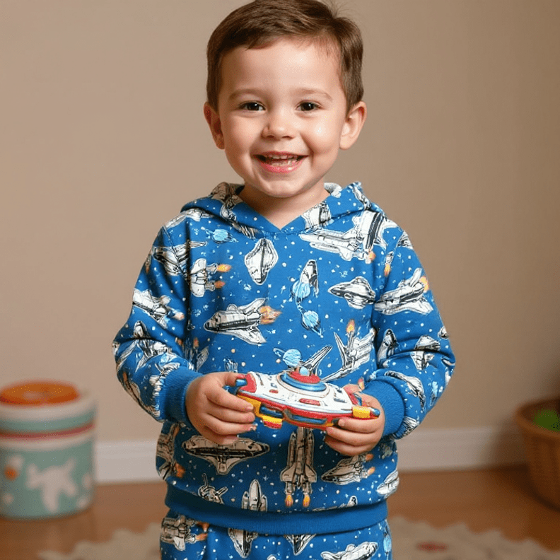 Kids hooded jogger set in blue with space-rocket print, front kangaroo pocket