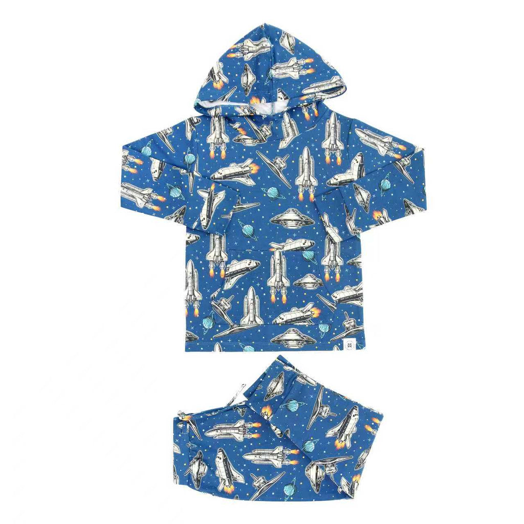 Hooded jogger set: blue rocket-print hoodie and matching jogger pants, elastic waist