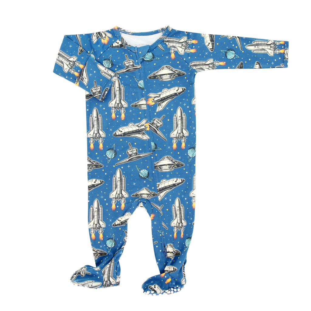 Boy's blue space-rocket print zipper footie with long sleeves and full legs
