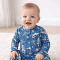 Boy's blue space-rocket print zipper footie with chest front zipper