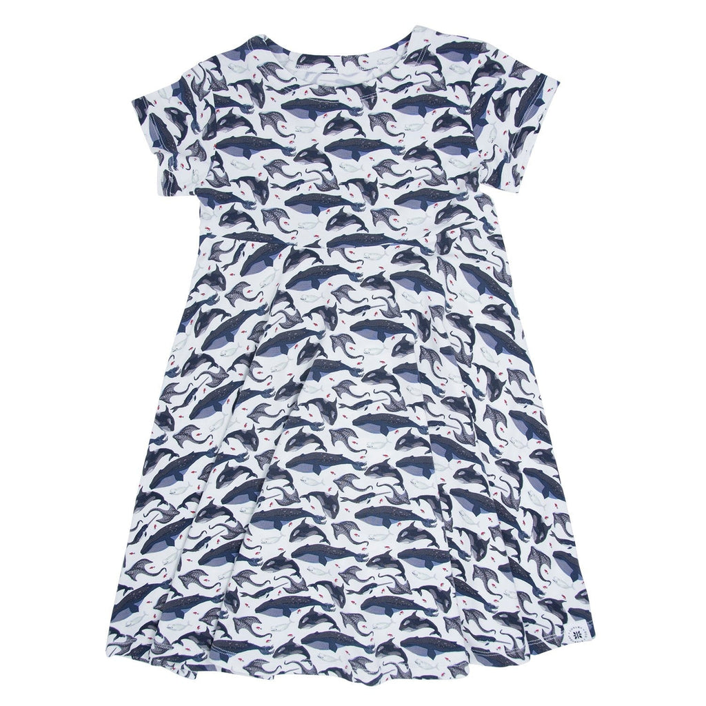 Girl's whale cap sleeve swirly dress in dark blue and white