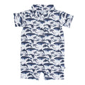 Whale print polo romper, short sleeves, button front, navy and white