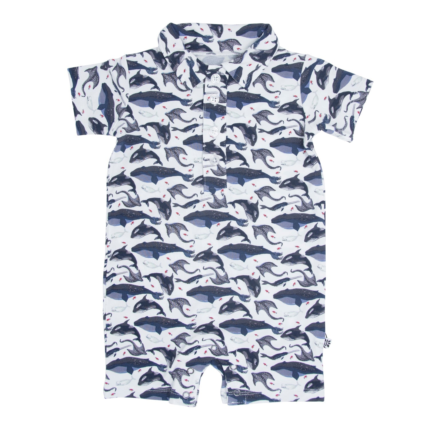 Whale print polo romper, short sleeves, button front, navy and white