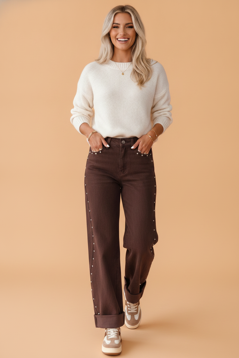Solid Studded Side Seam Ankle Length Jeans