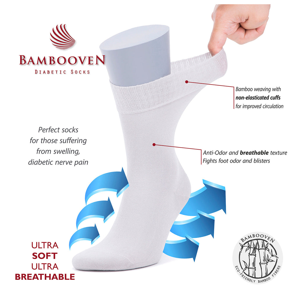 Bamboven diabetic socks infographic with comfort features and sock silhouette