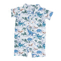 Dinosaur print polo romper, short-sleeve collared one-piece with button placket