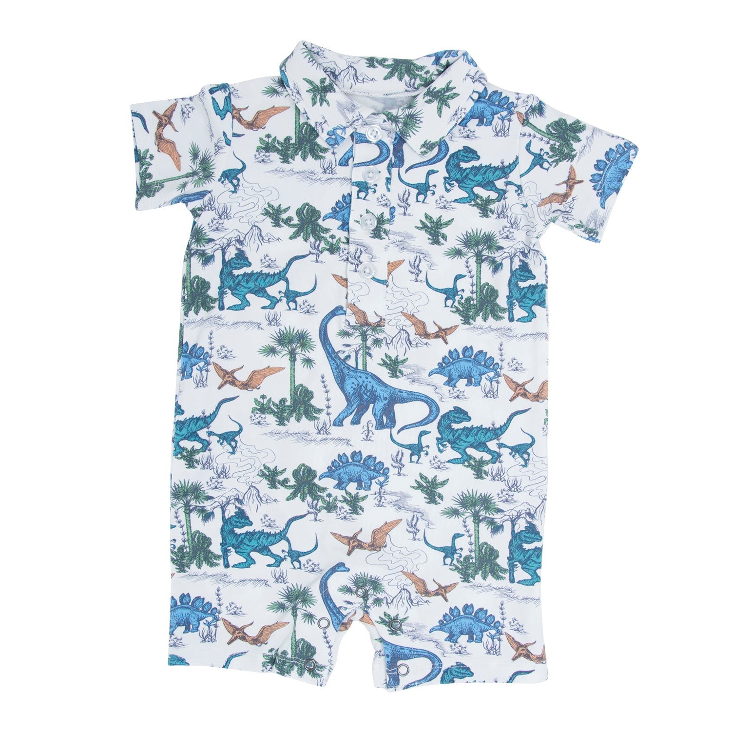 Dinosaur print polo romper, short-sleeve collared one-piece with button placket