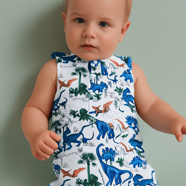 Infant sleeveless tank romper in white with blue and green dinosaur jungle pattern.