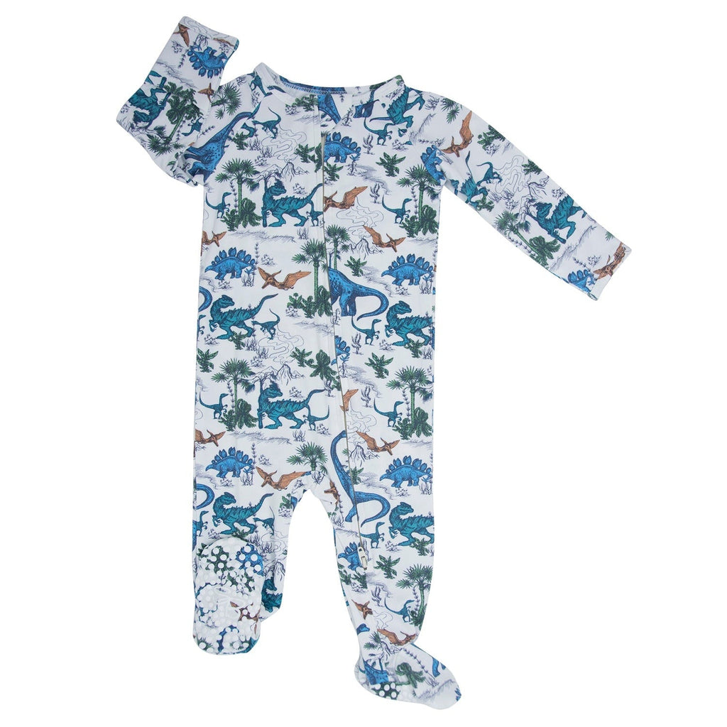 Zipper footie pajamas with dinosaur print, long sleeves, footed legs, blue and tan