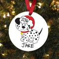 Dalmatian dog Christmas ornament with red ribbon; black-and-white dog graphic, '2016 JAKE'.