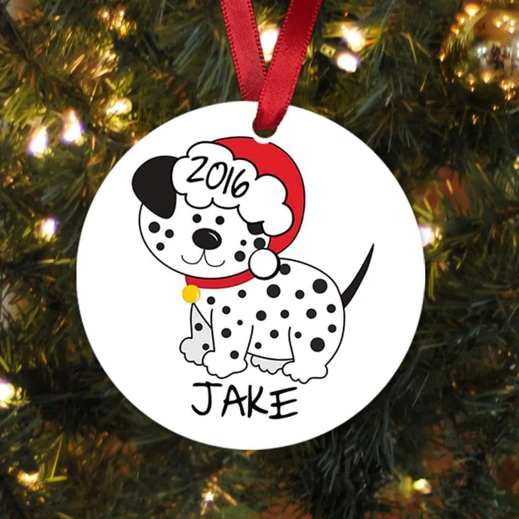 Dalmatian dog Christmas ornament with red ribbon; black-and-white dog graphic, '2016 JAKE'.