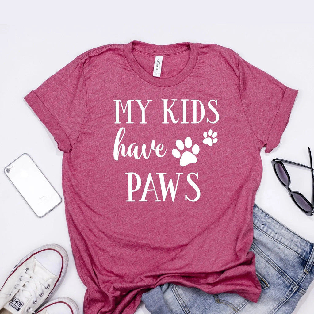 Maroon unisex dog mom T-shirt with “MY KIDS have PAWS” and paw print graphic