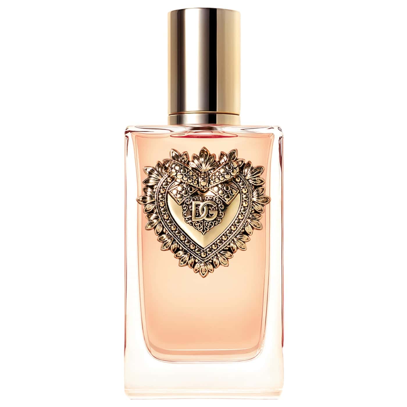 Perfume bottle with gold cap and pink liquid, ornate heart logo on label