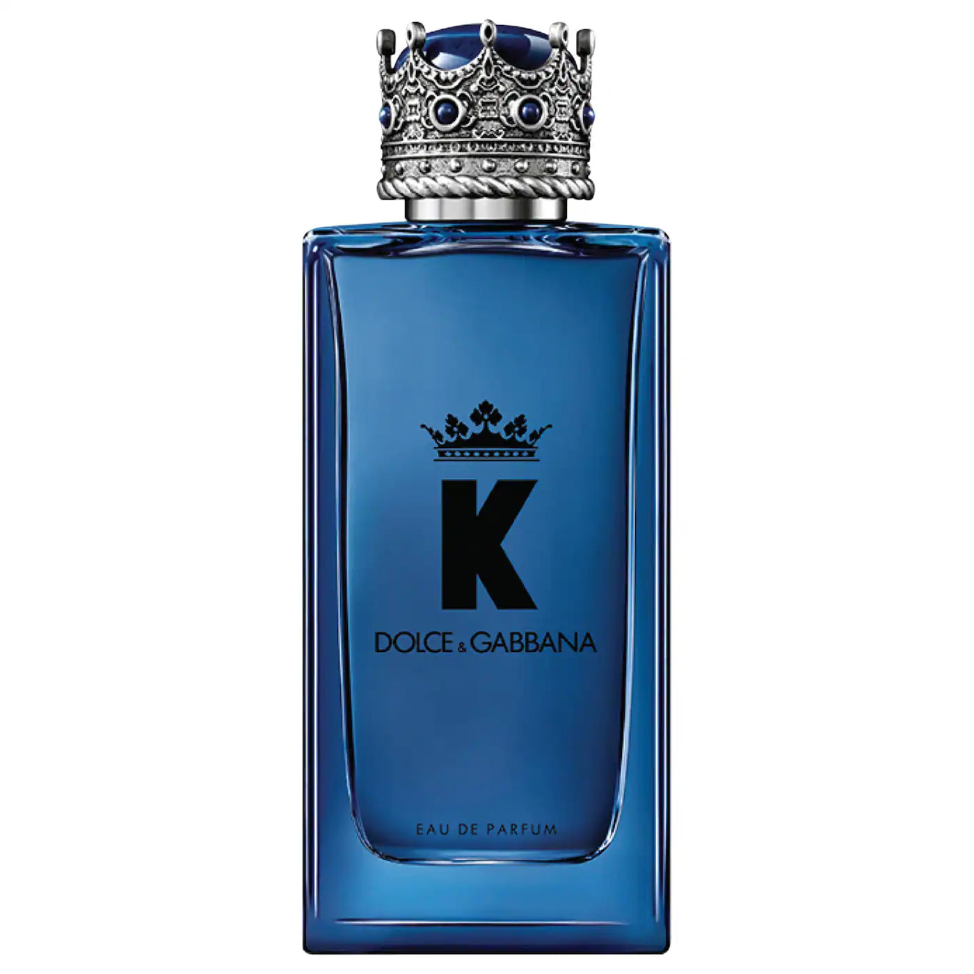 Blue Dolce&Gabbana K eau de parfum bottle with ornate crown cap