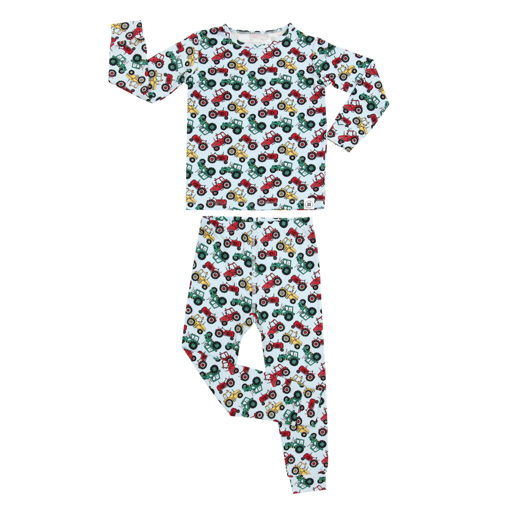 Kids tractor-print pajama set, long-sleeve top and pants with elastic waist