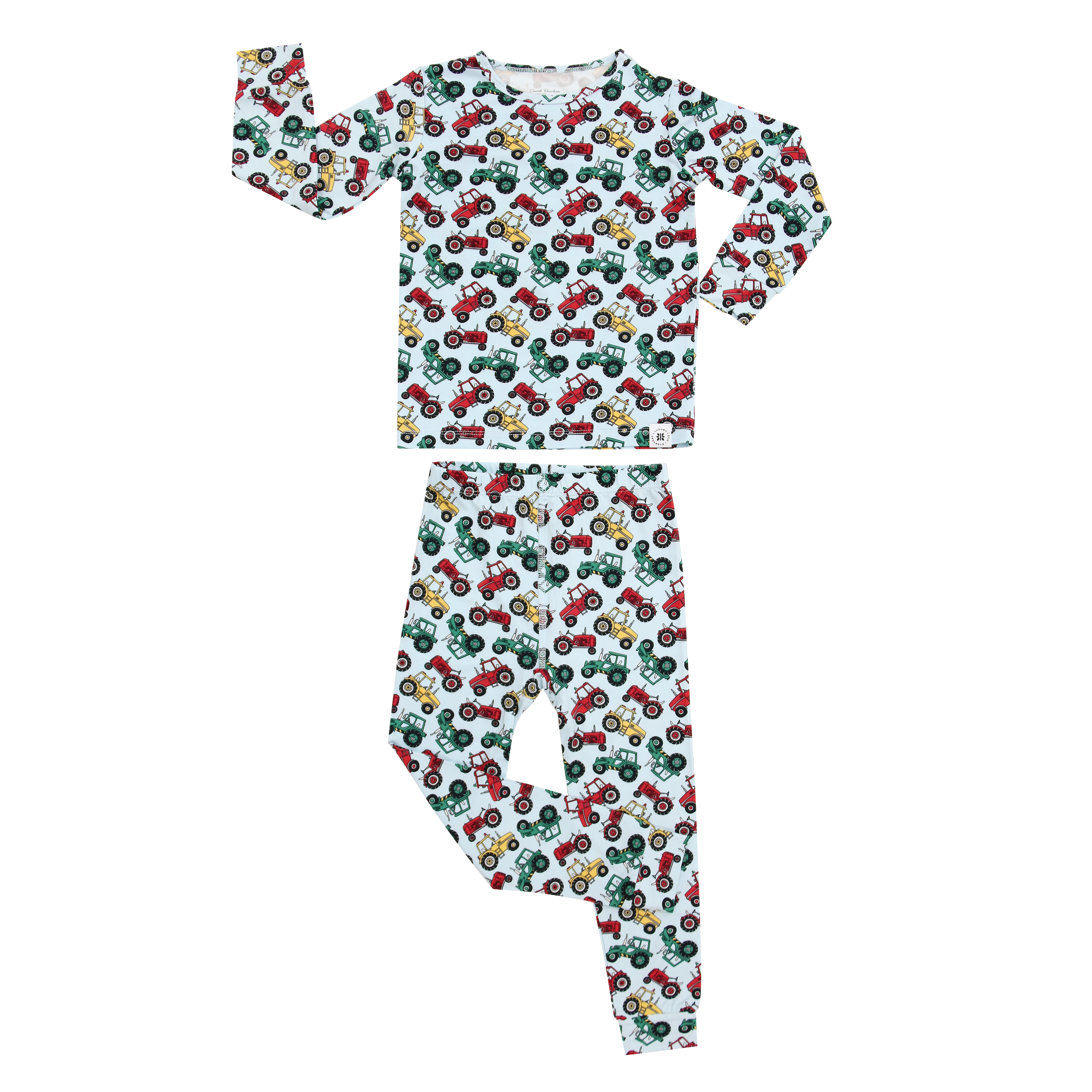 Kids tractor-print pajama set, long-sleeve top and pants with elastic waist
