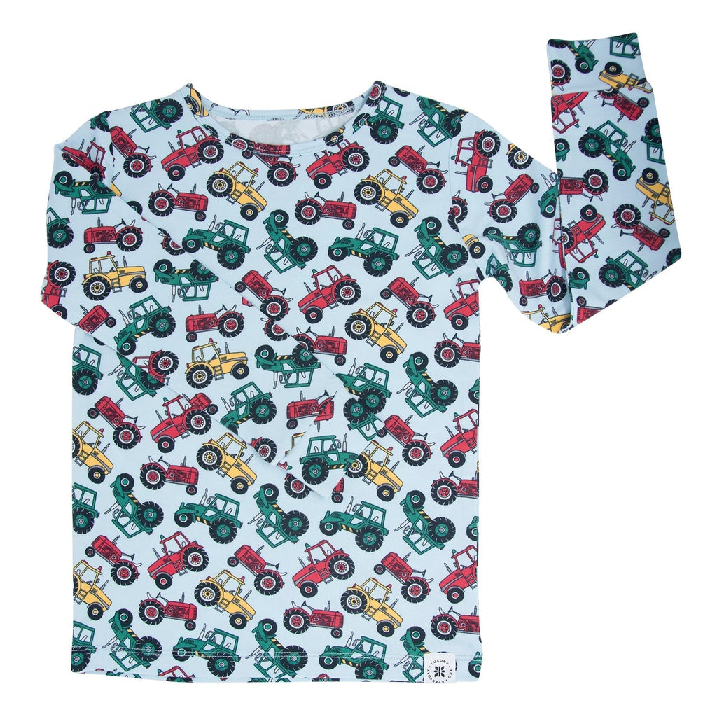 Kids tractor-print pajama set, long-sleeve top with crew neck and matching pants