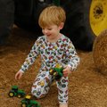 Kids farm tractor pajama set, long-sleeve top and pants with colorful tractor print