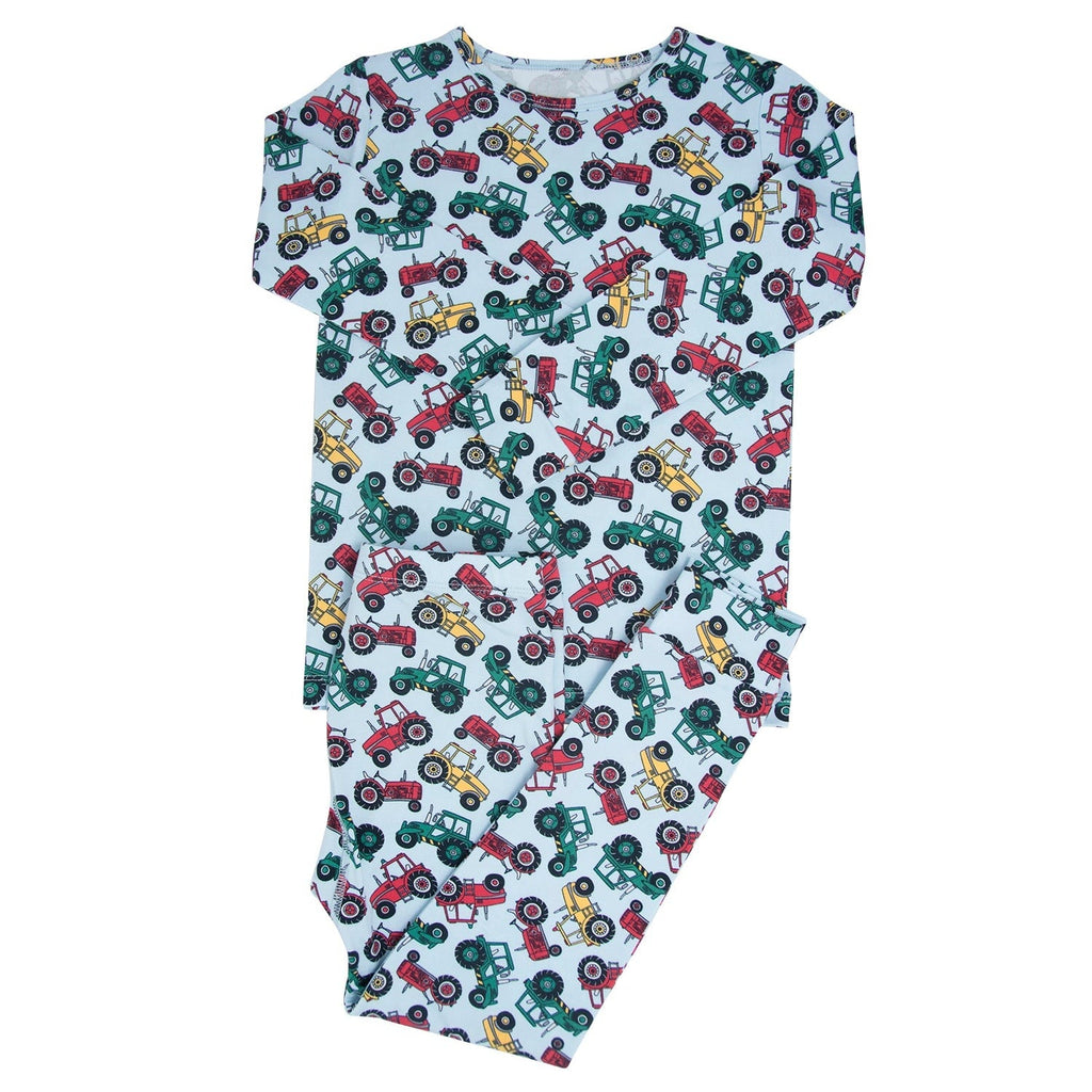 Kids tractor-print pajama set, short-sleeve top and cuffed pants with allover tractors
