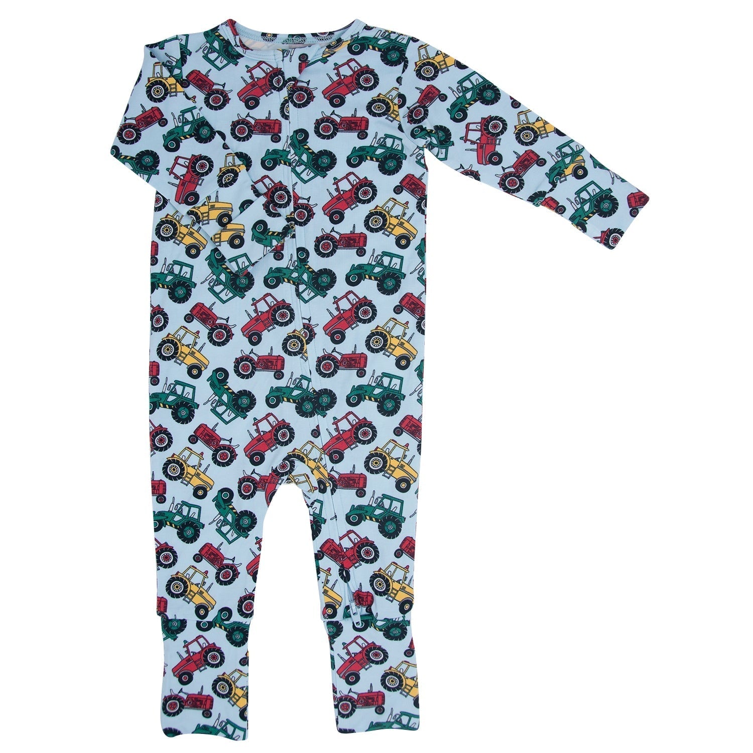 White tractor-print romper with long sleeves and matching legs, colorful farm vehicles