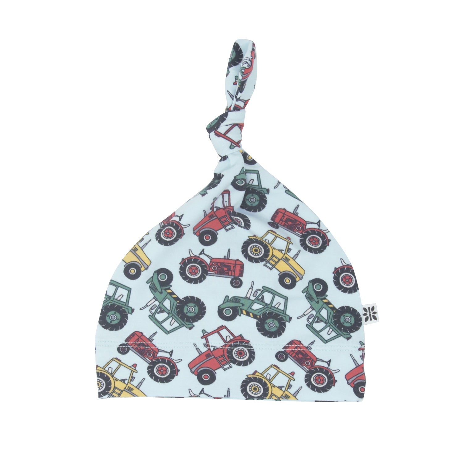 Tractor print knot hat with all-over colorful farm vehicles pattern