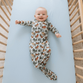 Boy's farm-print knotted baby gown, long sleeves, one-piece with footed legs