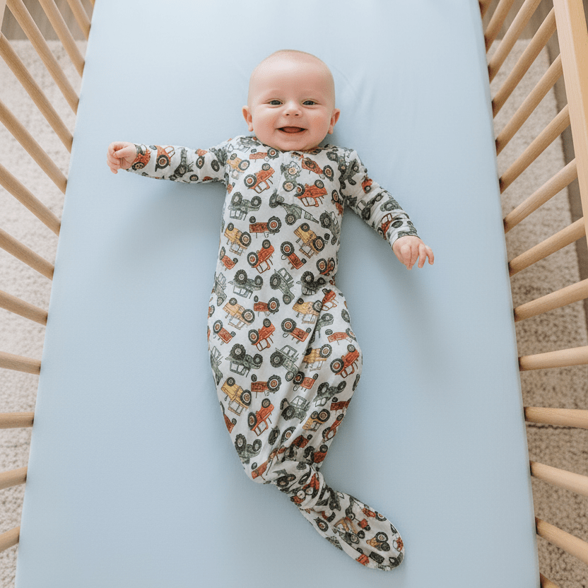 Boy's farm-print knotted baby gown, long sleeves, one-piece with footed legs