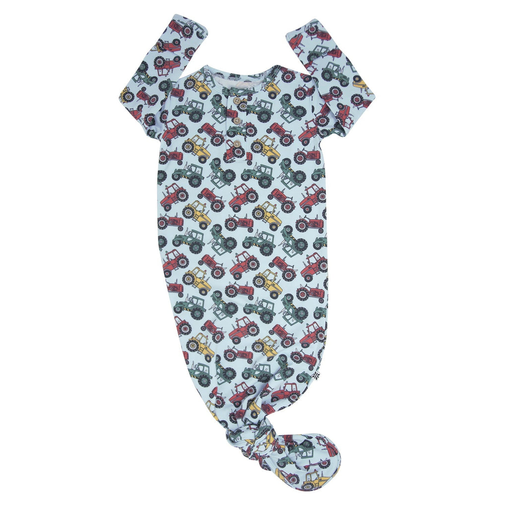 Boy's farm-print knotted baby gown with long sleeves and footed legs