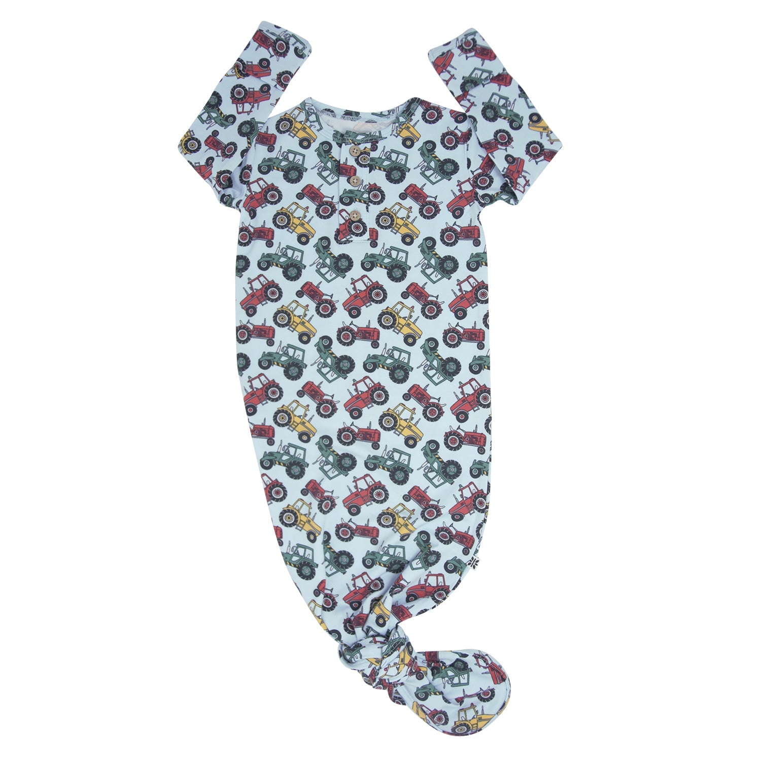 Boy's farm-print knotted baby gown with long sleeves and footed legs