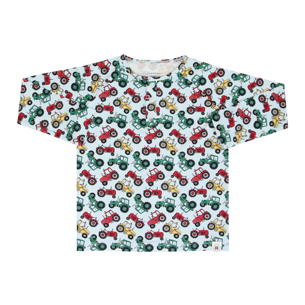 Raglan henley top with white tractor print, crew neck, long raglan sleeves