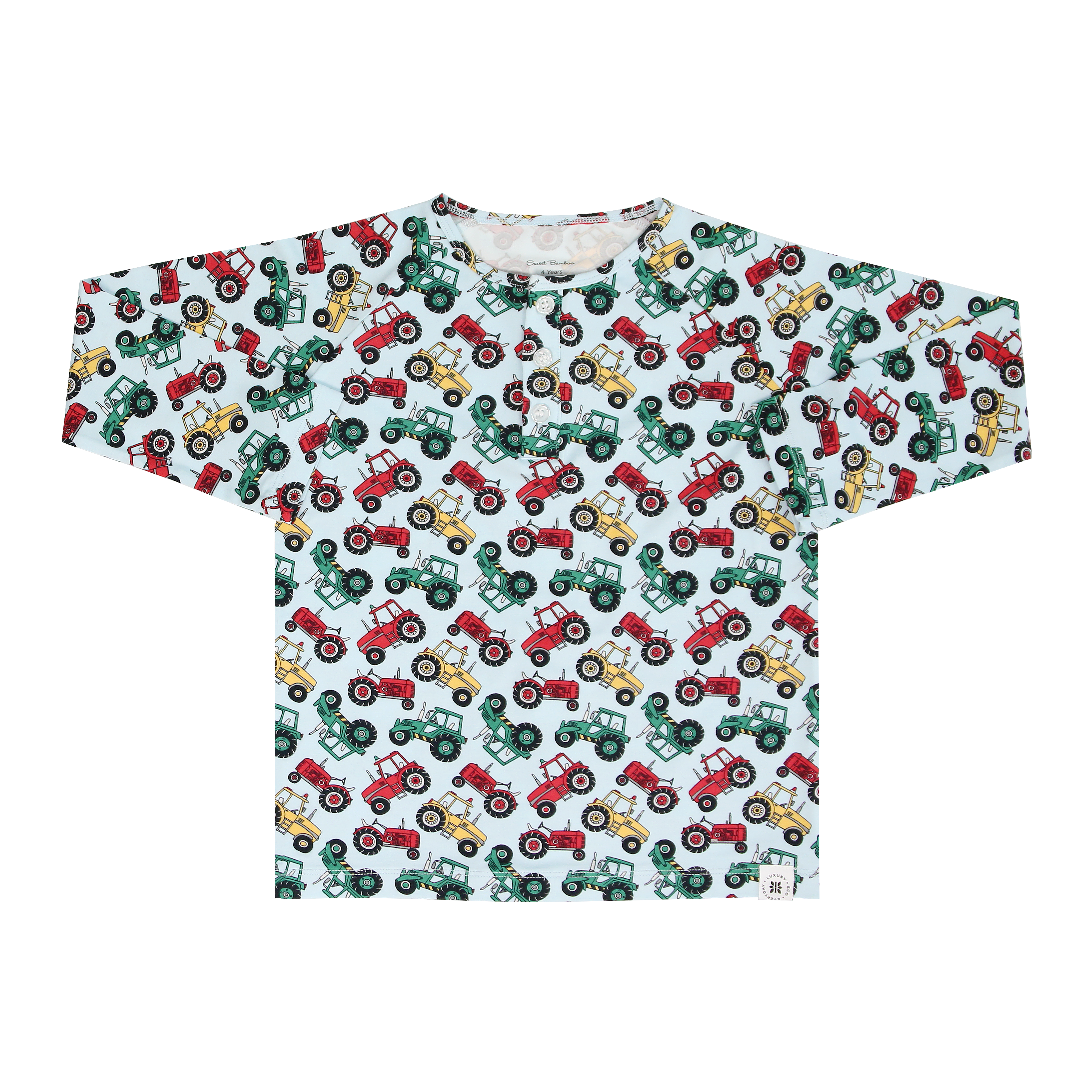 Raglan henley top with white tractor print, crew neck, long raglan sleeves