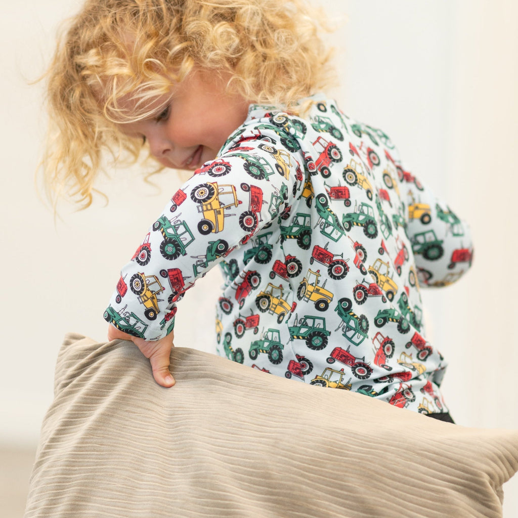 Boys raglan henley shirt with white tractor print and long sleeves