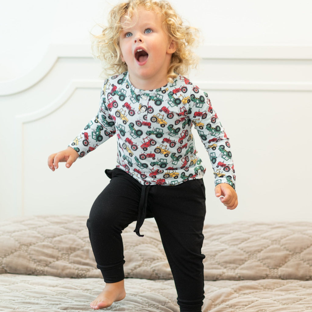 Boys raglan henley shirt with white tractor print, crew neck, long sleeves