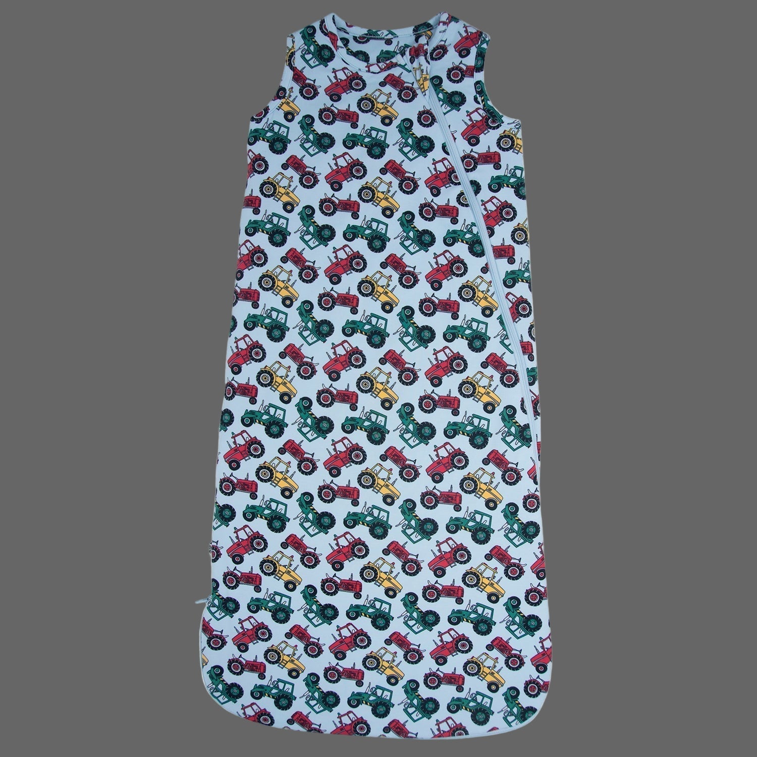 Tractor-pattern sleep sack in white with colorful tractors, sleeveless, gathered neck