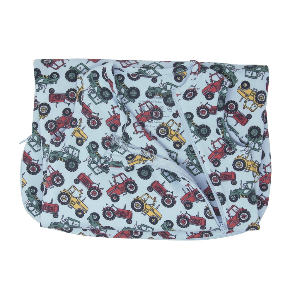 Tractor-print sleep sack with gathered neckline and curved bottom hem