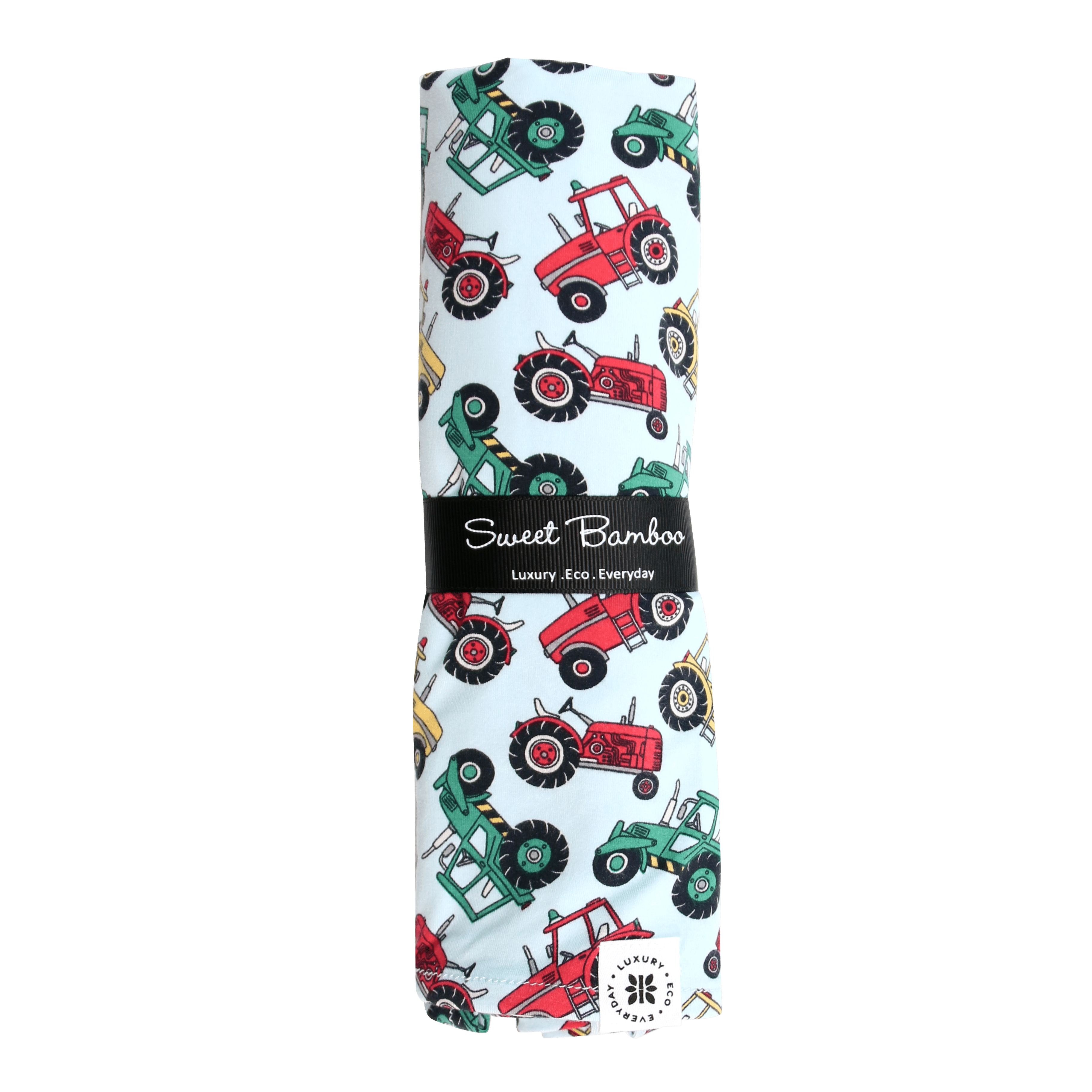 Packaged baby swaddle blanket with colorful tractor pattern
