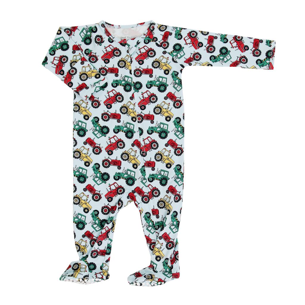 Baby footie pajamas with long sleeves, all-over tractor pattern on light fabric