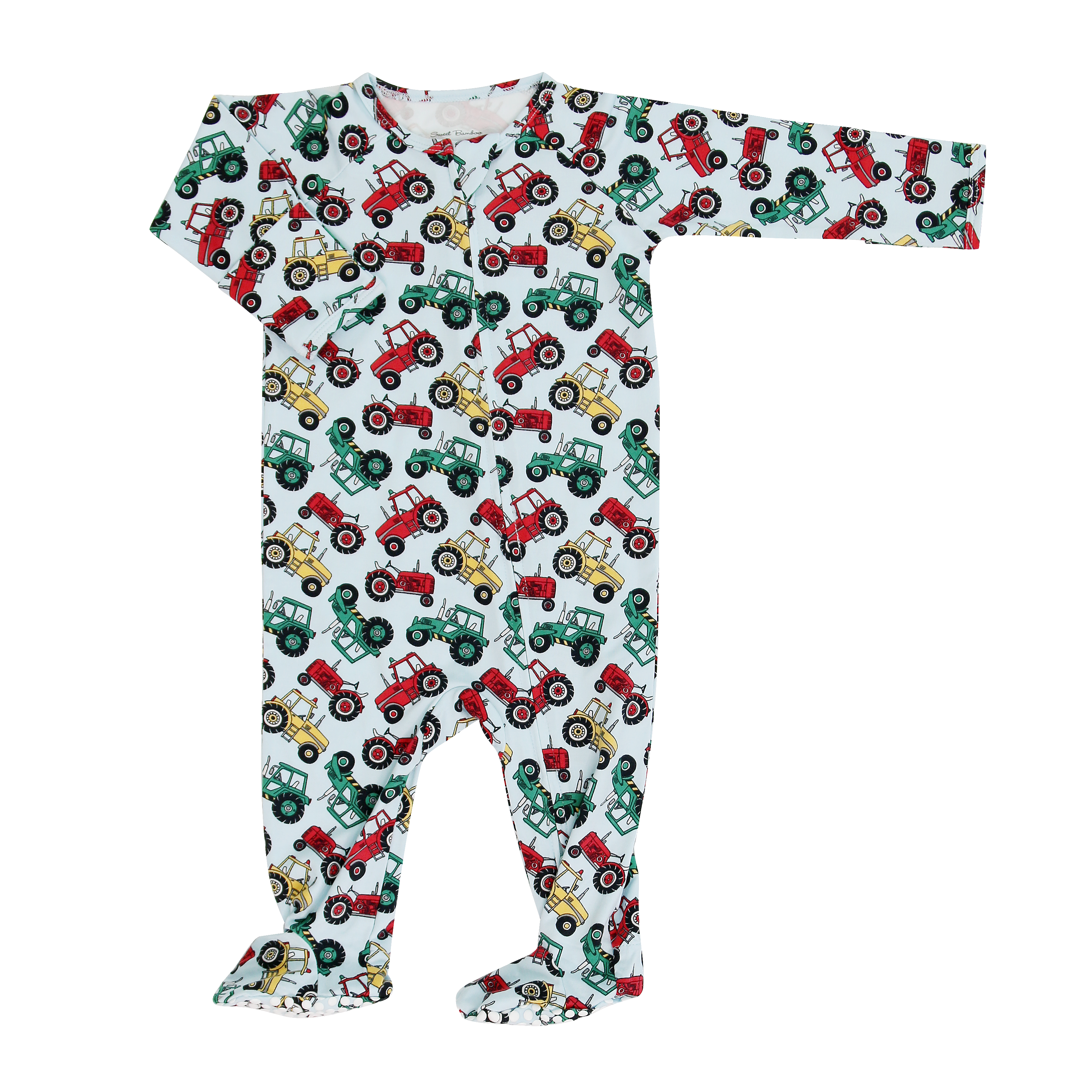 Baby footie pajamas with long sleeves, all-over tractor pattern on light fabric