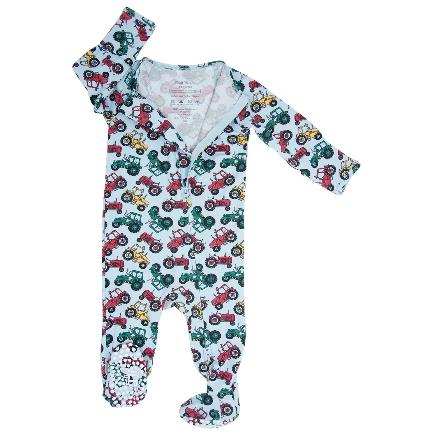 Baby footie pajamas with long sleeves, tractor print, open front with zipper